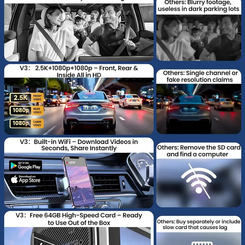 3 Channel Car Dash Cam - Front, Rear & inside Recording, 2.5K Cabin Recorder with Super Night Vision, Wifi App Control, Loop Recording, G-Sensor, 24H Parking Mode for Commuters