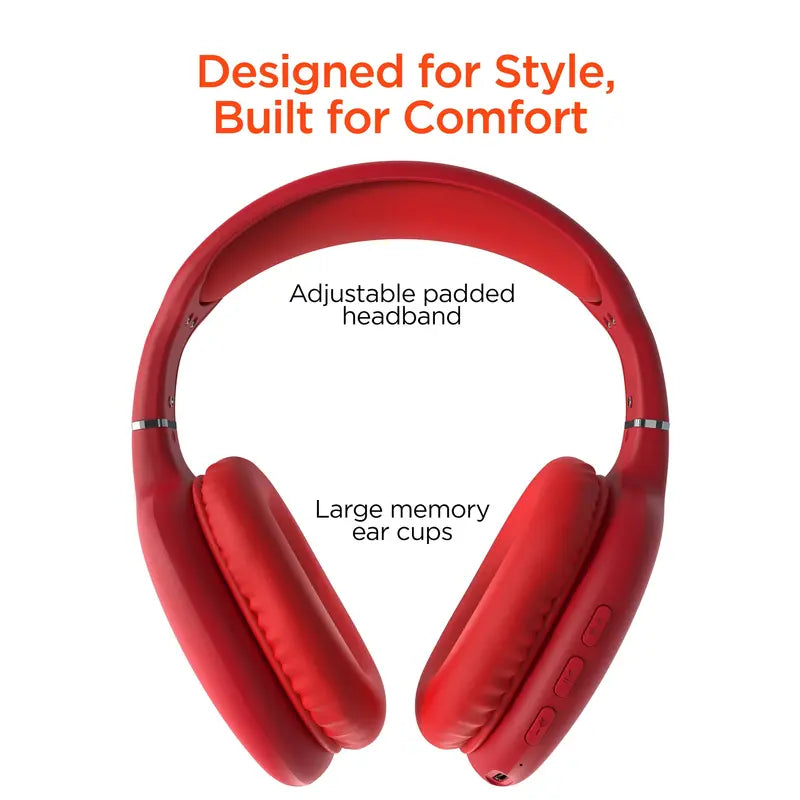 VIBE Wireless Over-Ear Square Bluetooth Headphones - Red Audio Electronic, Noise Isolation, Memory Function, Built-In Mic+Controls, Universal Sync, Foldable, Work from Home & Workout Tool