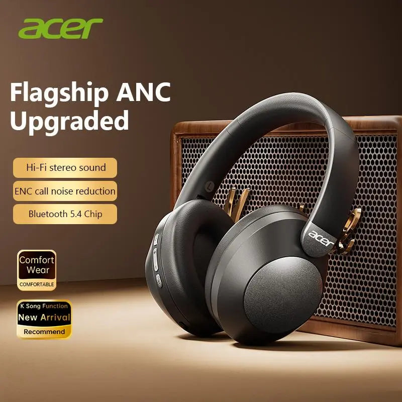 Acer OHR667 Over-Ear Wireless ANC Hybrid Headphones - Audibility Reduction Noise Cancelling Wireless Headset, 48-Hour Playtime, Hi-Fi Stereo Sound, Foldable, Soft Ear Cushions, Built-In Mic, Rechargeable, Ios & Android Compatible, Noise Cancelling Headpho