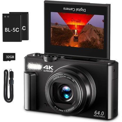 Beginner-Friendly 4K Mirrorless Digital Camera - Compact Portable Camera for Youtube, Travel, 64MP Photos, 18X Zoom, 180° Flip Screen, Rechargeable, Wifi Sharing, Flash, Tripod, USB Interface