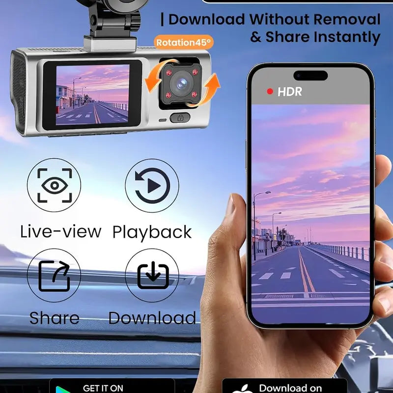 3 Channel Car Dash Cam - Front, Rear & inside Recording, 2.5K Cabin Recorder with Super Night Vision, Wifi App Control, Loop Recording, G-Sensor, 24H Parking Mode for Commuters