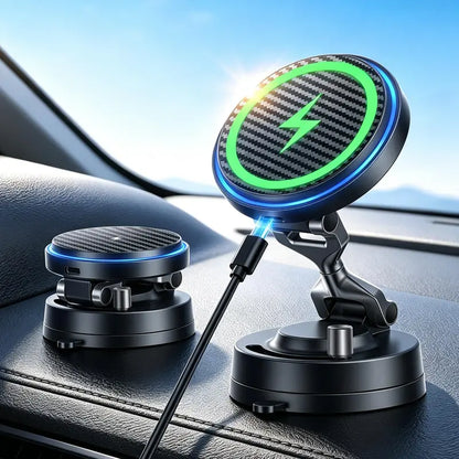 OANDYS Magsafe Zinc Alloy Body Car Phone Holder - 360° Rotatable Magnetic Mount, 15W Fast Charger Mobile Phone Accessories, USB-C Dual-Port, Nano-Adhesive, Heat Dissipation, Foldaway Tidy Arm for Iphone 17/16/15/14/13/12 Series