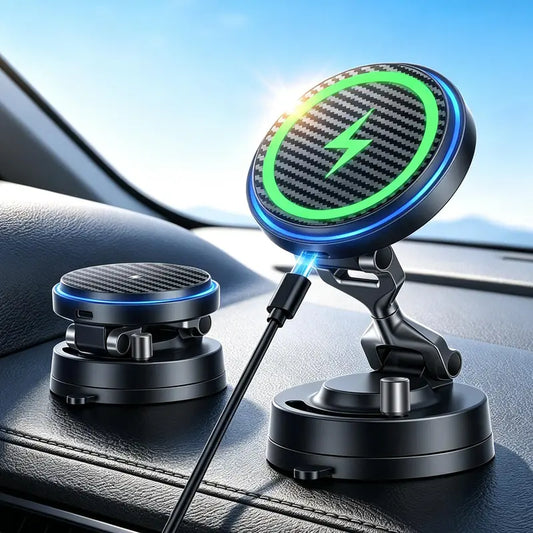 OANDYS Magsafe Zinc Alloy Body Car Phone Holder - 360° Rotatable Magnetic Mount, 15W Fast Charger Mobile Phone Accessories, USB-C Dual-Port, Nano-Adhesive, Heat Dissipation, Foldaway Tidy Arm for Iphone 17/16/15/14/13/12 Series