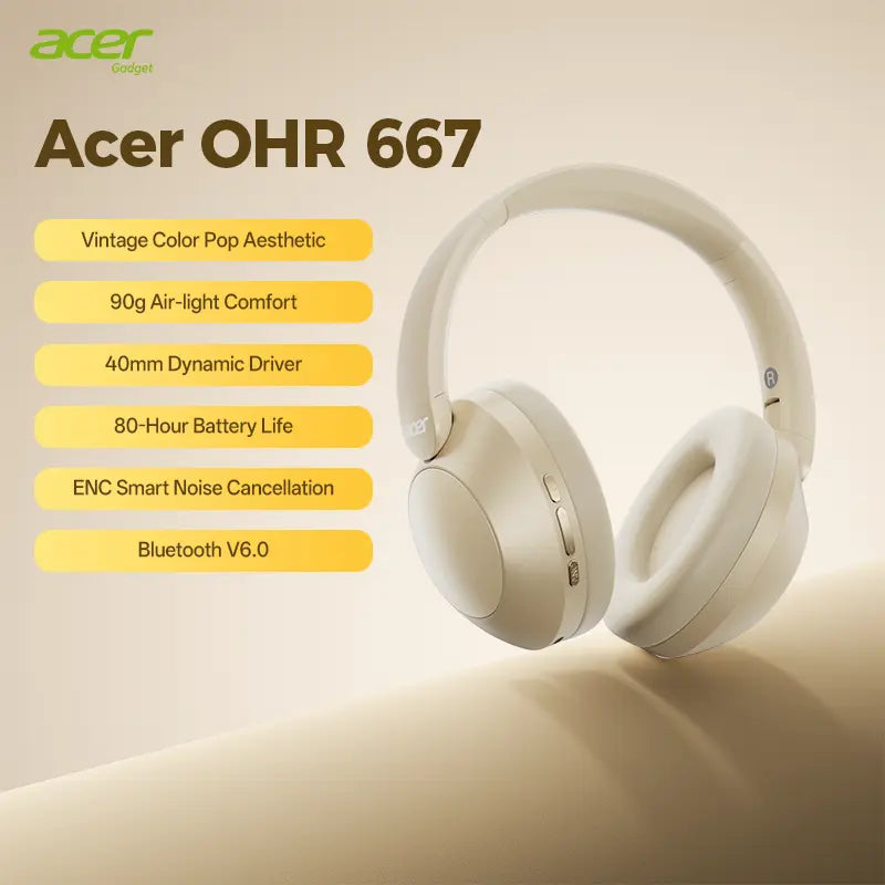 Acer OHR667 Over-Ear Wireless ANC Hybrid Headphones - Audibility Reduction Noise Cancelling Wireless Headset, 48-Hour Playtime, Hi-Fi Stereo Sound, Foldable, Soft Ear Cushions, Built-In Mic, Rechargeable, Ios & Android Compatible, Noise Cancelling Headpho