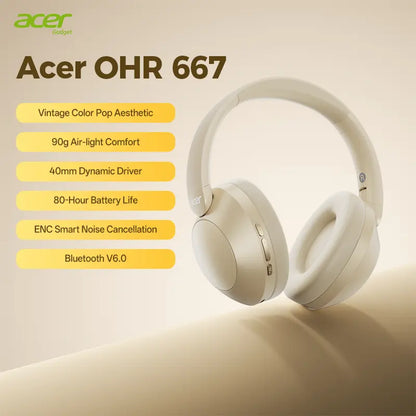 Acer OHR667 Over-Ear Wireless ANC Hybrid Headphones - Audibility Reduction Noise Cancelling Wireless Headset, 48-Hour Playtime, Hi-Fi Stereo Sound, Foldable, Soft Ear Cushions, Built-In Mic, Rechargeable, Ios & Android Compatible, Noise Cancelling Headpho