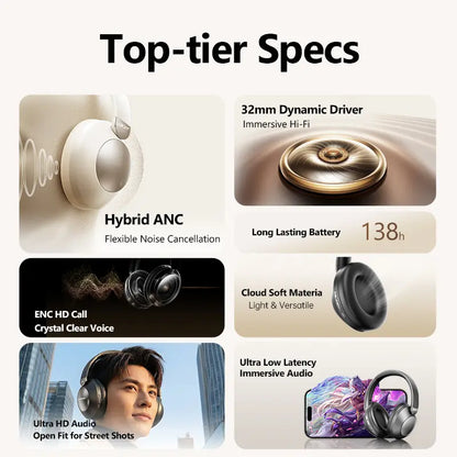 Acer OHR667 Over-Ear Wireless ANC Hybrid Headphones - Audibility Reduction Noise Cancelling Wireless Headset, 48-Hour Playtime, Hi-Fi Stereo Sound, Foldable, Soft Ear Cushions, Built-In Mic, Rechargeable, Ios & Android Compatible, Noise Cancelling Headpho