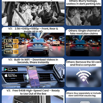 3 Channel Car Dash Cam - Front, Rear & inside Recording, 2.5K Cabin Recorder with Super Night Vision, Wifi App Control, Loop Recording, G-Sensor, 24H Parking Mode for Commuters