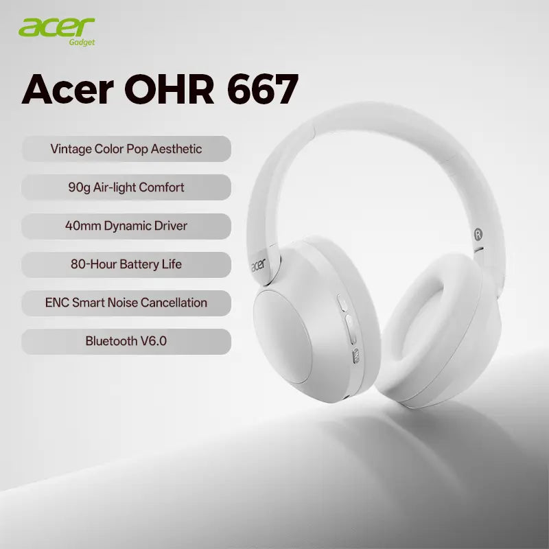 Acer OHR667 Over-Ear Wireless ANC Hybrid Headphones - Audibility Reduction Noise Cancelling Wireless Headset, 48-Hour Playtime, Hi-Fi Stereo Sound, Foldable, Soft Ear Cushions, Built-In Mic, Rechargeable, Ios & Android Compatible, Noise Cancelling Headpho