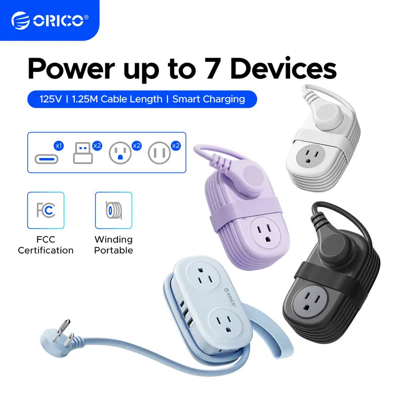 ORICO 7-In-1 Portable Travel Power Strip, Cruise Ship Approved, 0.39-Inch Thin Flat 45° Angled Plug, 4.0*2.4*1.6 Inches Compact Design, Multi-Port Fast Charging Power Delivery for Home, Dorm & Business Trips