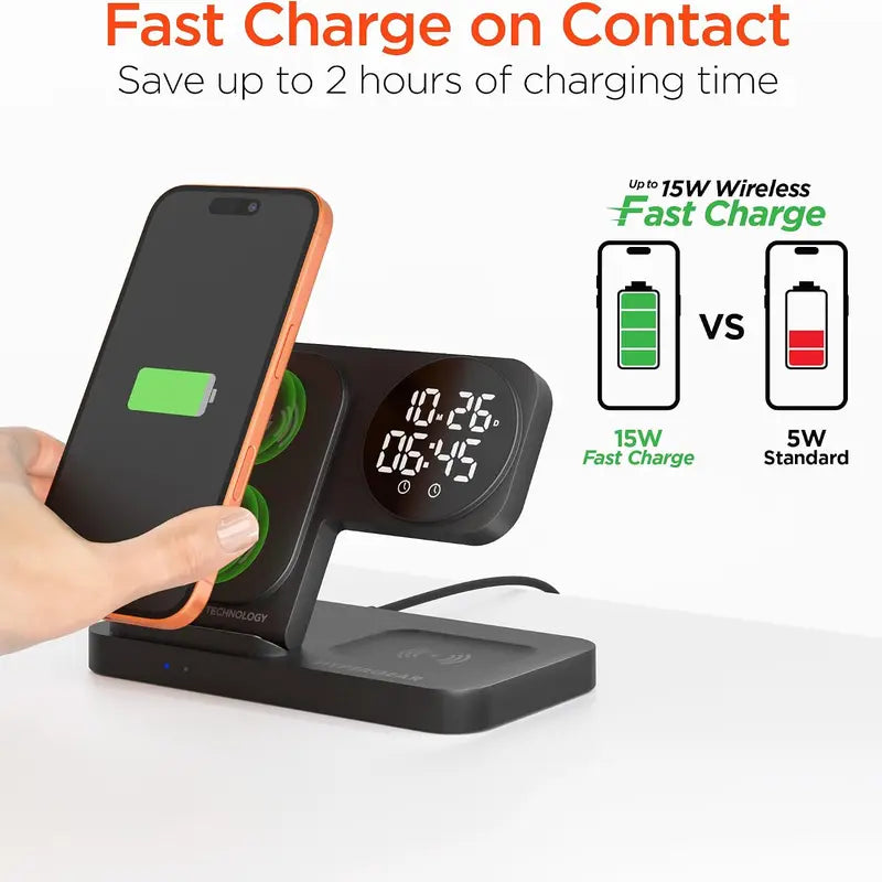 15W Wireless Fast Charging Stand Magsafe Phone Charger Dock Folds Flat into a Charging Pad for Airpods & Earbuds Universal for Iphone, Samsung + More