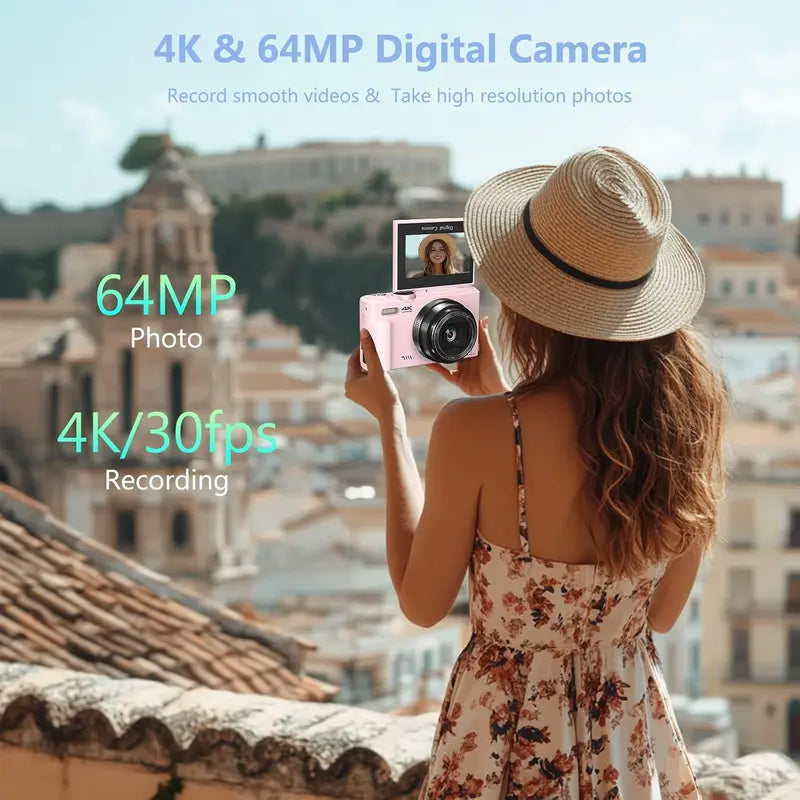 Beginner-Friendly 4K Mirrorless Digital Camera - Compact Portable Camera for Youtube, Travel, 64MP Photos, 18X Zoom, 180° Flip Screen, Rechargeable, Wifi Sharing, Flash, Tripod, USB Interface