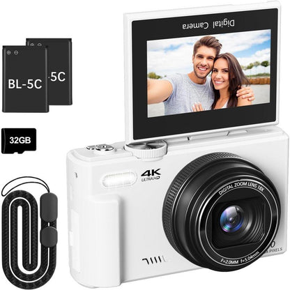 Beginner-Friendly 4K Mirrorless Digital Camera - Compact Portable Camera for Youtube, Travel, 64MP Photos, 18X Zoom, 180° Flip Screen, Rechargeable, Wifi Sharing, Flash, Tripod, USB Interface