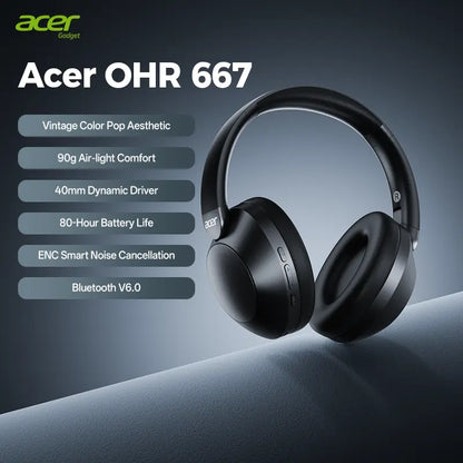 Acer OHR667 Over-Ear Wireless ANC Hybrid Headphones - Audibility Reduction Noise Cancelling Wireless Headset, 48-Hour Playtime, Hi-Fi Stereo Sound, Foldable, Soft Ear Cushions, Built-In Mic, Rechargeable, Ios & Android Compatible, Noise Cancelling Headpho