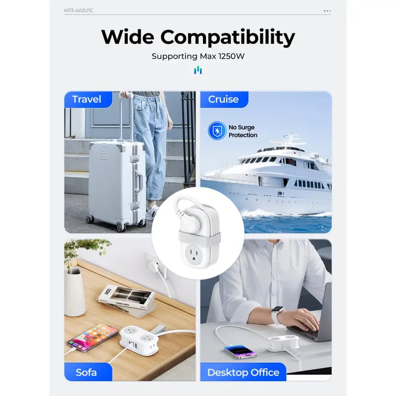 ORICO 7-In-1 Portable Travel Power Strip, Cruise Ship Approved, 0.39-Inch Thin Flat 45° Angled Plug, 4.0*2.4*1.6 Inches Compact Design, Multi-Port Fast Charging Power Delivery for Home, Dorm & Business Trips