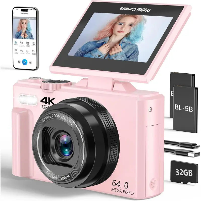 Beginner-Friendly 4K Mirrorless Digital Camera - Compact Portable Camera for Youtube, Travel, 64MP Photos, 18X Zoom, 180° Flip Screen, Rechargeable, Wifi Sharing, Flash, Tripod, USB Interface