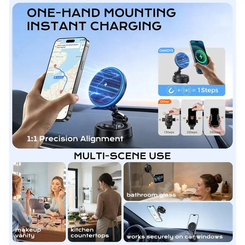 OANDYS Magsafe Zinc Alloy Body Car Phone Holder - 360° Rotatable Magnetic Mount, 15W Fast Charger Mobile Phone Accessories, USB-C Dual-Port, Nano-Adhesive, Heat Dissipation, Foldaway Tidy Arm for Iphone 17/16/15/14/13/12 Series