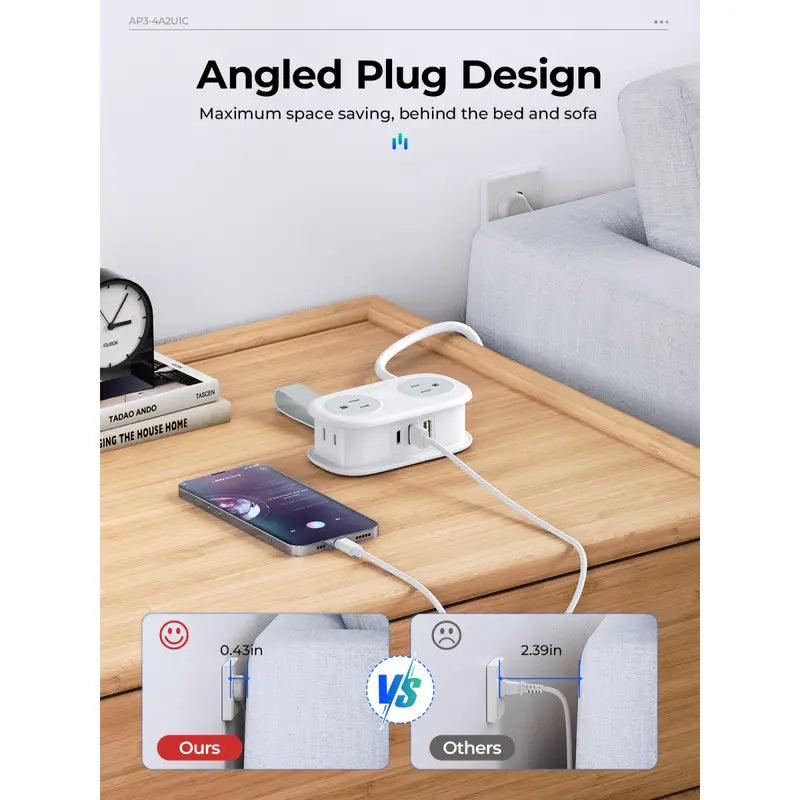 ORICO 7-In-1 Portable Travel Power Strip, Cruise Ship Approved, 0.39-Inch Thin Flat 45° Angled Plug, 4.0*2.4*1.6 Inches Compact Design, Multi-Port Fast Charging Power Delivery for Home, Dorm & Business Trips