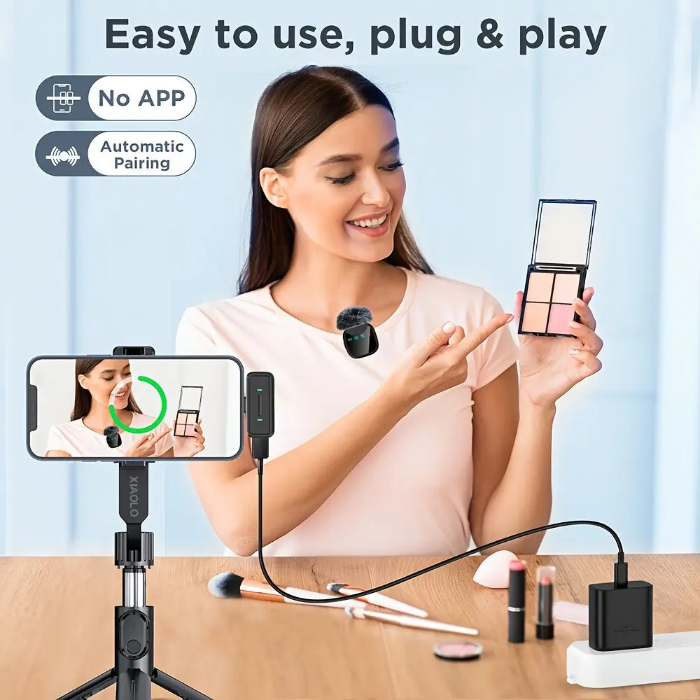 Pink&Black LED Display Wireless Lavalier Microphone High Quality Ultra-Long Battery Life Chargeable Plug&Play Charging Noise Reduction Rechargeable Lapel Mic for Interview Podcast Vlog Video Recording