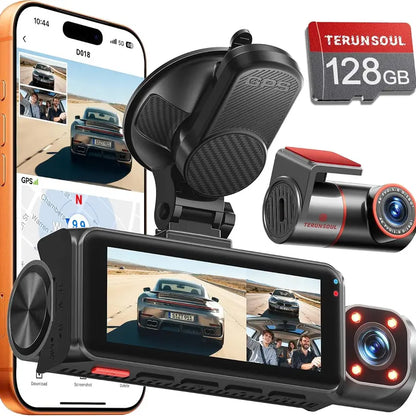 TERUNSOUL D018 Model Vehicle Dashcam Cam - Triple Lens 4K 3-Channel, 4K+4K+1080P, 5Ghz Wifi + USB-C, GPS, 128GB Card, IR Night Vision, Parking Mode, Wide-Angle, Full Lamination, Loop Record, HD Driving Recorder for Car Vlogging, Auto Gadgets Gifts,Toolupg