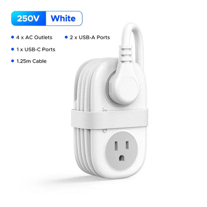 ORICO 7-In-1 Portable Travel Power Strip, Cruise Ship Approved, 0.39-Inch Thin Flat 45° Angled Plug, 4.0*2.4*1.6 Inches Compact Design, Multi-Port Fast Charging Power Delivery for Home, Dorm & Business Trips