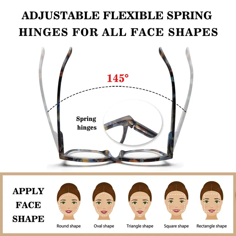 6-Piece Family Pack of Blue Light-Blocking Reading Glasses, Suitable for Men and Women, Featuring Solid-Color and Stylish Patterned Frames, Spring Hinges, and Durable Lenses—Perfect for Everyday Wear