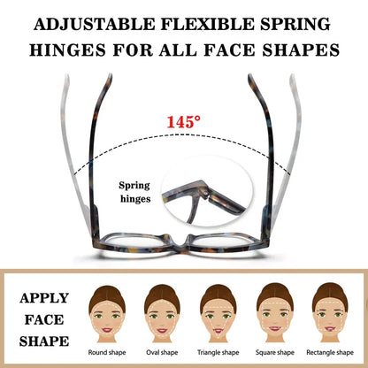 6-Piece Family Pack of Blue Light-Blocking Reading Glasses, Suitable for Men and Women, Featuring Solid-Color and Stylish Patterned Frames, Spring Hinges, and Durable Lenses—Perfect for Everyday Wear