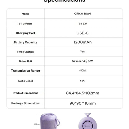 ORICO Wireless BT Speaker (Bluetooth 6.0 Connectivity) - 27H Playtime, TWS Pairing, 360° Immersive Hifi Stereo Sound, IPX5 Splash Resistant, USB-C, Handheld Built-In Compact Music Device, for Camping, Home - BG01