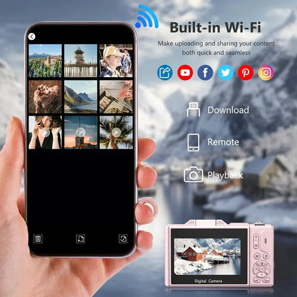 Beginner-Friendly 4K Mirrorless Digital Camera - Compact Portable Camera for Youtube, Travel, 64MP Photos, 18X Zoom, 180° Flip Screen, Rechargeable, Wifi Sharing, Flash, Tripod, USB Interface