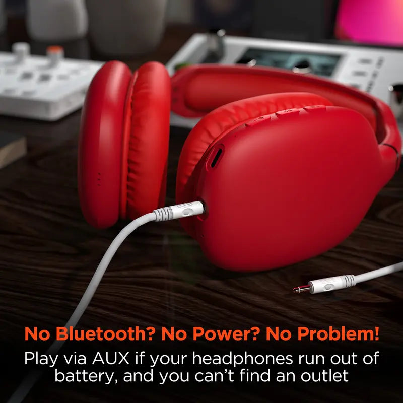 VIBE Wireless Over-Ear Square Bluetooth Headphones - Red Audio Electronic, Noise Isolation, Memory Function, Built-In Mic+Controls, Universal Sync, Foldable, Work from Home & Workout Tool
