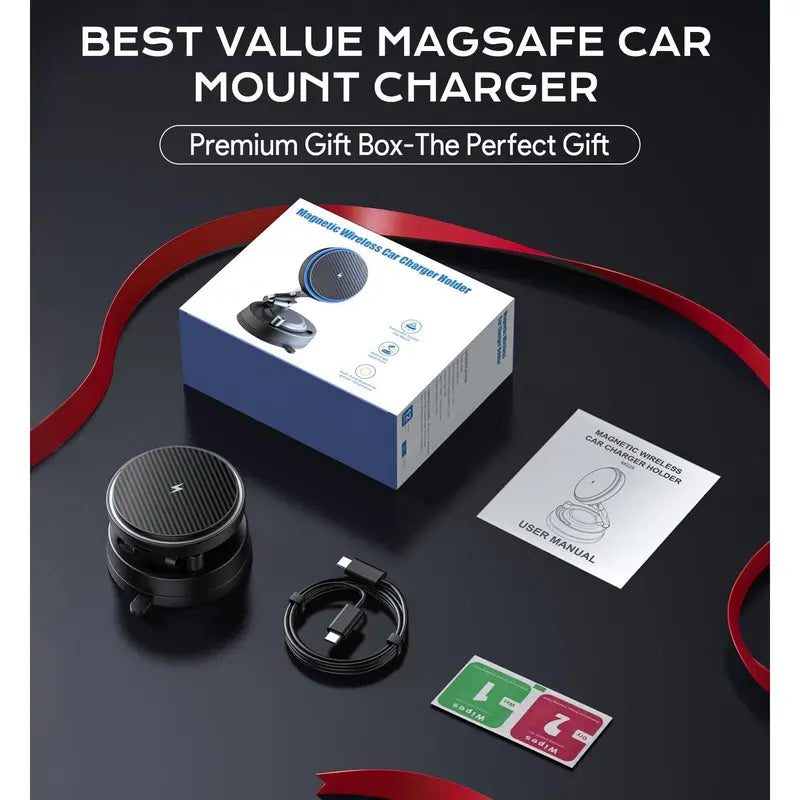 OANDYS Magsafe Zinc Alloy Body Car Phone Holder - 360° Rotatable Magnetic Mount, 15W Fast Charger Mobile Phone Accessories, USB-C Dual-Port, Nano-Adhesive, Heat Dissipation, Foldaway Tidy Arm for Iphone 17/16/15/14/13/12 Series