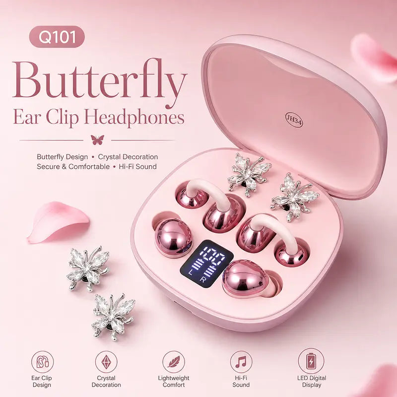 Birthday & Christmas Gift for Women | 2-Pair Mini Stem Bluetooth Earbuds with Detachable Butterfly Ornament, Waterproof Invisible Sport & Sleeping Wireless Earphones with Mic for Phone Laptop