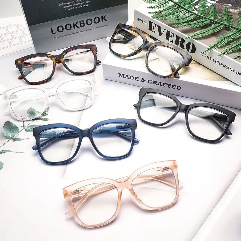 6-Piece Family Pack of Blue Light-Blocking Reading Glasses, Suitable for Men and Women, Featuring Solid-Color and Stylish Patterned Frames, Spring Hinges, and Durable Lenses—Perfect for Everyday Wear