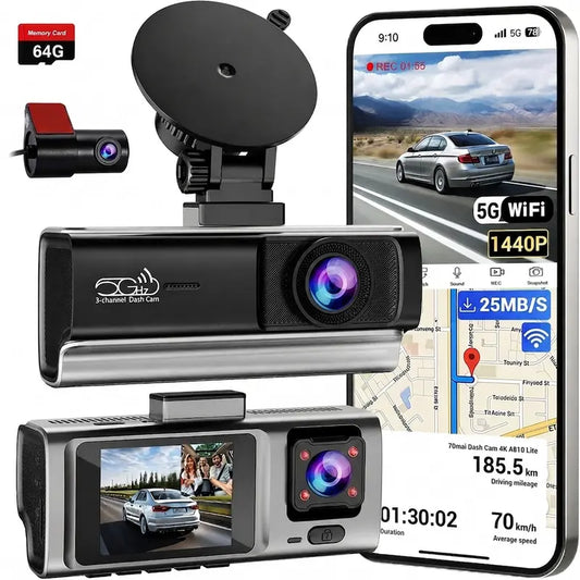 3 Channel Car Dash Cam - Front, Rear & inside Recording, 2.5K Cabin Recorder with Super Night Vision, Wifi App Control, Loop Recording, G-Sensor, 24H Parking Mode for Commuters