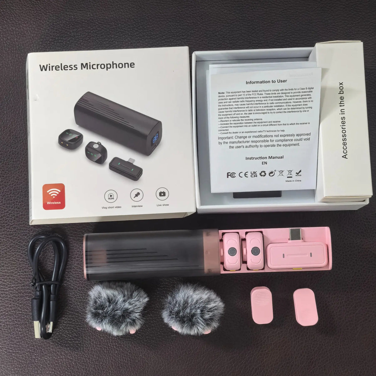 Pink&Black LED Display Wireless Lavalier Microphone High Quality Ultra-Long Battery Life Chargeable Plug&Play Charging Noise Reduction Rechargeable Lapel Mic for Interview Podcast Vlog Video Recording