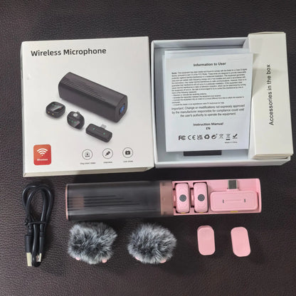 Pink&Black LED Display Wireless Lavalier Microphone High Quality Ultra-Long Battery Life Chargeable Plug&Play Charging Noise Reduction Rechargeable Lapel Mic for Interview Podcast Vlog Video Recording