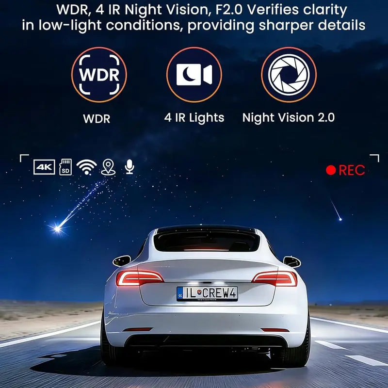 3 Channel Car Dash Cam - Front, Rear & inside Recording, 2.5K Cabin Recorder with Super Night Vision, Wifi App Control, Loop Recording, G-Sensor, 24H Parking Mode for Commuters