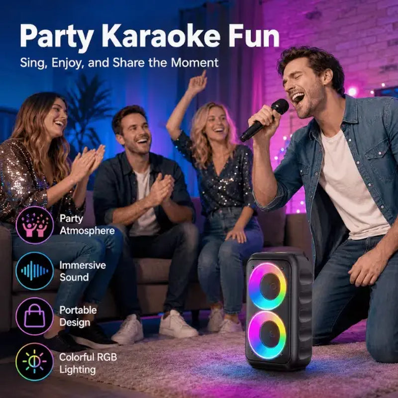 Multifunctional Portable Bluetooth Speaker with RGB Lights, TWS Stereo, Powerful Bass, Rechargeable Battery, USB/AUX/SD Compatibility, Optional Wired Microphone for Karaoke