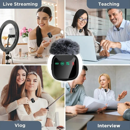 Pink&Black LED Display Wireless Lavalier Microphone High Quality Ultra-Long Battery Life Chargeable Plug&Play Charging Noise Reduction Rechargeable Lapel Mic for Interview Podcast Vlog Video Recording