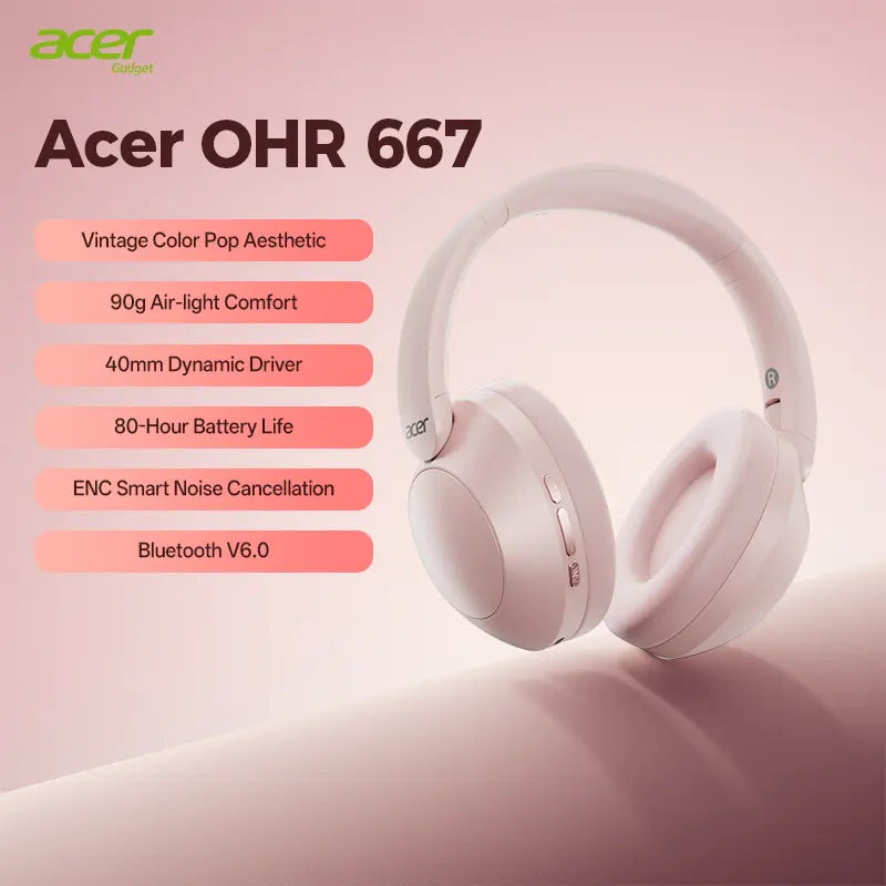 Acer OHR667 Over-Ear Wireless ANC Hybrid Headphones - Audibility Reduction Noise Cancelling Wireless Headset, 48-Hour Playtime, Hi-Fi Stereo Sound, Foldable, Soft Ear Cushions, Built-In Mic, Rechargeable, Ios & Android Compatible, Noise Cancelling Headpho