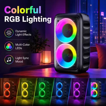 Multifunctional Portable Bluetooth Speaker with RGB Lights, TWS Stereo, Powerful Bass, Rechargeable Battery, USB/AUX/SD Compatibility, Optional Wired Microphone for Karaoke