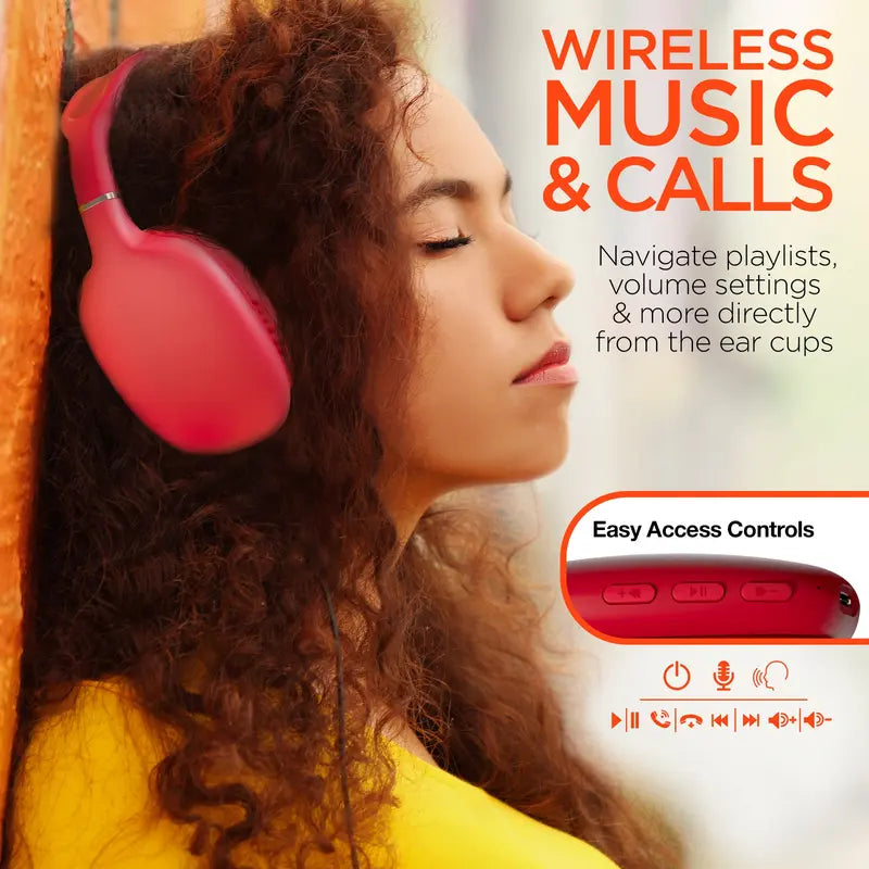 VIBE Wireless Over-Ear Square Bluetooth Headphones - Red Audio Electronic, Noise Isolation, Memory Function, Built-In Mic+Controls, Universal Sync, Foldable, Work from Home & Workout Tool