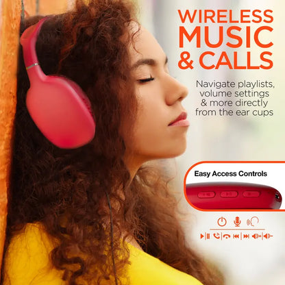 VIBE Wireless Over-Ear Square Bluetooth Headphones - Red Audio Electronic, Noise Isolation, Memory Function, Built-In Mic+Controls, Universal Sync, Foldable, Work from Home & Workout Tool