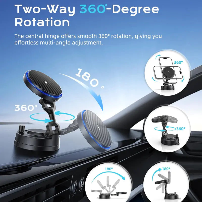 OANDYS Magsafe Zinc Alloy Body Car Phone Holder - 360° Rotatable Magnetic Mount, 15W Fast Charger Mobile Phone Accessories, USB-C Dual-Port, Nano-Adhesive, Heat Dissipation, Foldaway Tidy Arm for Iphone 17/16/15/14/13/12 Series