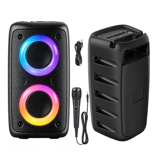 Multifunctional Portable Bluetooth Speaker with RGB Lights, TWS Stereo, Powerful Bass, Rechargeable Battery, USB/AUX/SD Compatibility, Optional Wired Microphone for Karaoke