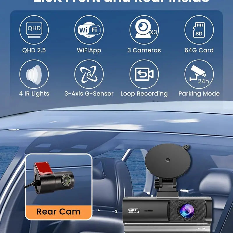3 Channel Car Dash Cam - Front, Rear & inside Recording, 2.5K Cabin Recorder with Super Night Vision, Wifi App Control, Loop Recording, G-Sensor, 24H Parking Mode for Commuters
