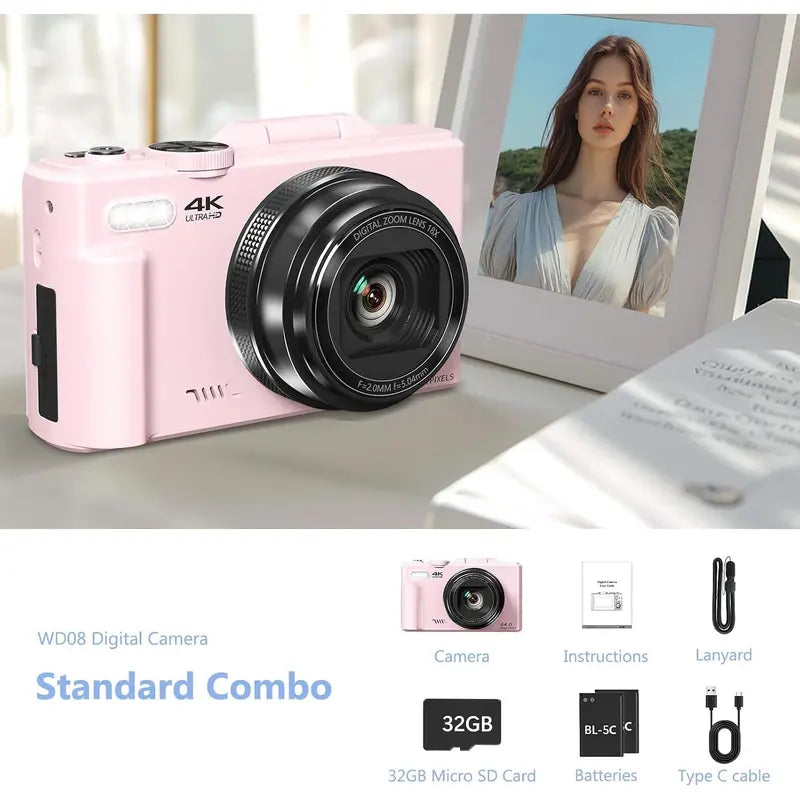 Beginner-Friendly 4K Mirrorless Digital Camera - Compact Portable Camera for Youtube, Travel, 64MP Photos, 18X Zoom, 180° Flip Screen, Rechargeable, Wifi Sharing, Flash, Tripod, USB Interface