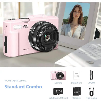 Beginner-Friendly 4K Mirrorless Digital Camera - Compact Portable Camera for Youtube, Travel, 64MP Photos, 18X Zoom, 180° Flip Screen, Rechargeable, Wifi Sharing, Flash, Tripod, USB Interface