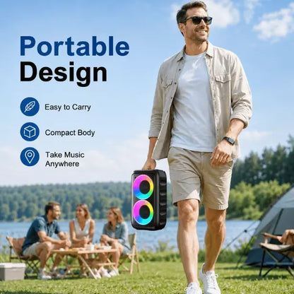 Multifunctional Portable Bluetooth Speaker with RGB Lights, TWS Stereo, Powerful Bass, Rechargeable Battery, USB/AUX/SD Compatibility, Optional Wired Microphone for Karaoke