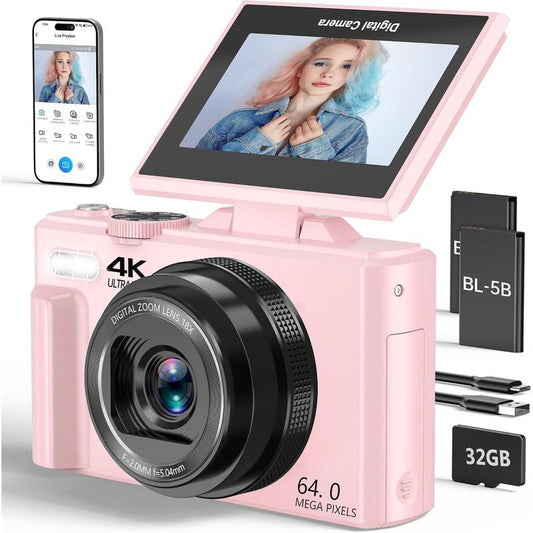 Beginner-Friendly 4K Mirrorless Digital Camera - Compact Portable Camera for Youtube, Travel, 64MP Photos, 18X Zoom, 180° Flip Screen, Rechargeable, Wifi Sharing, Flash, Tripod, USB Interface