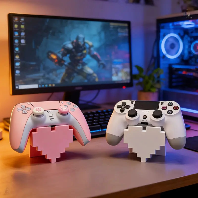 1Pc Retro Heart-Shaped Polyethylene Gaming Controller Display Stand, Pink & White Pixel Art Holder with Anti-Slip Base for PS5/PS4, Desktop Decor PS5 Accessories (Stand Only), Gaming Accessories